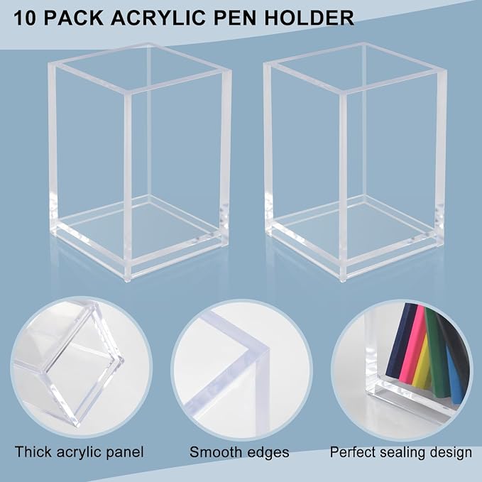 10 Pack Clear Acrylic Pen Holders, Pencil Cup Desk Organizers | Clear Acrylic - Image 6