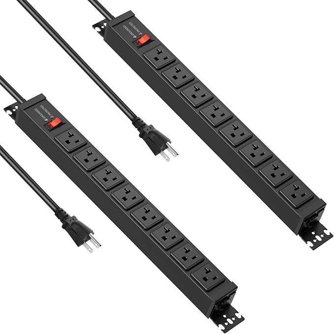 JUNNUJ 20 Amp Power Strip Heavy Duty 2 Pack, 4800J Surge Protector Metal Power Bar Multi Angle Mount, 20A Garage 8 Outlet Shop 6-20R T-Slot, 5-15P Adapter 12 Gauge Extension Cord 15 ft for Appliance-DeskLoop Office