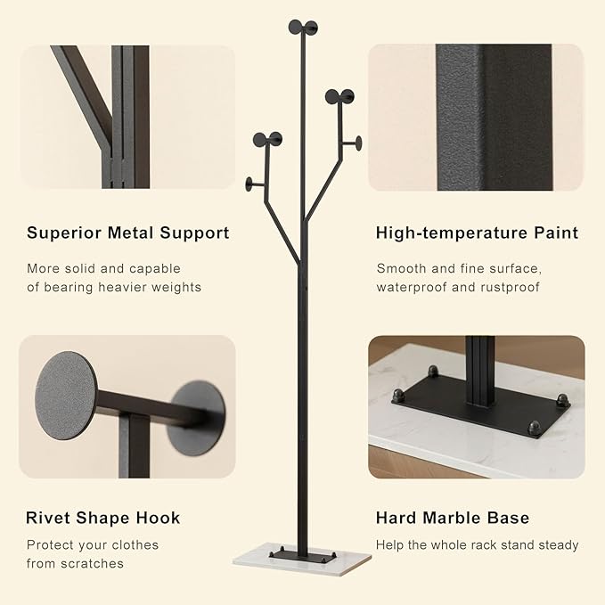 Heavy Duty Coat Rack Tree-shaped Metal Freestanding Coat Tree with Sturdy Marble Base Corner Coat Rack for Bedroom Entryway Hallway 14.96 x 10.24 x 68.9 Inches (Black)-DeskLoop Office