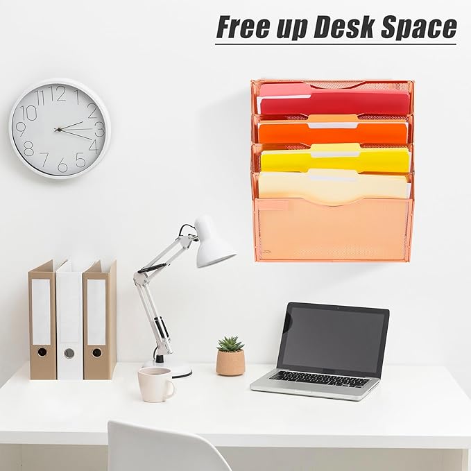 EASEPRES 5 Pocket Mesh Hanging Wall File Organizer, Wall Mounted Mail Paper Document Folder Holder, Clipboard Storage Organization Magazine Rack with Nametag Label for Office Home School, Rose Gold-DeskLoop Office