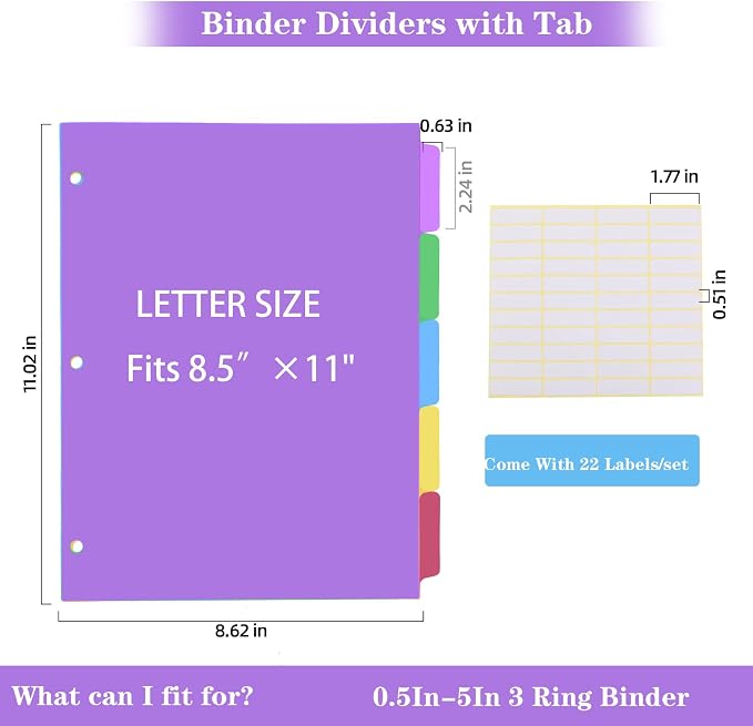 Dividers for 3 Ring Binders, 5 TAB Binder Dividers - Image 2
