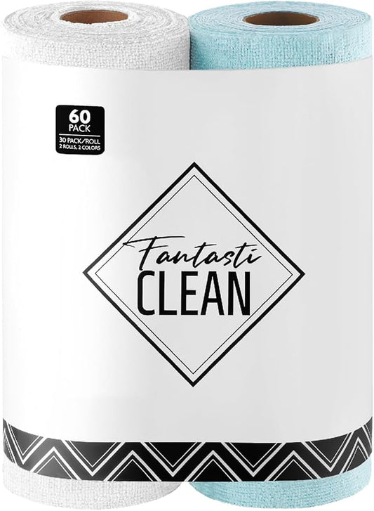 Fantasticlean Microfiber Cleaning Cloth Roll -60 Pack, Tear Away Microfiber Towels, 12" x 12", Reusable, Washable, Scratch Free, Ultra Absorbent Dish Rags for Car, Home, Garage or Shop (White & Blue)-DeskLoop Office