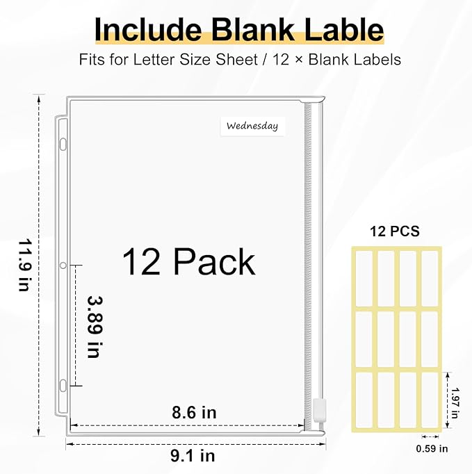 KTRIO 12 Pack Binder Pockets, 8.5 x 11 Zipper Pouches - Image 2