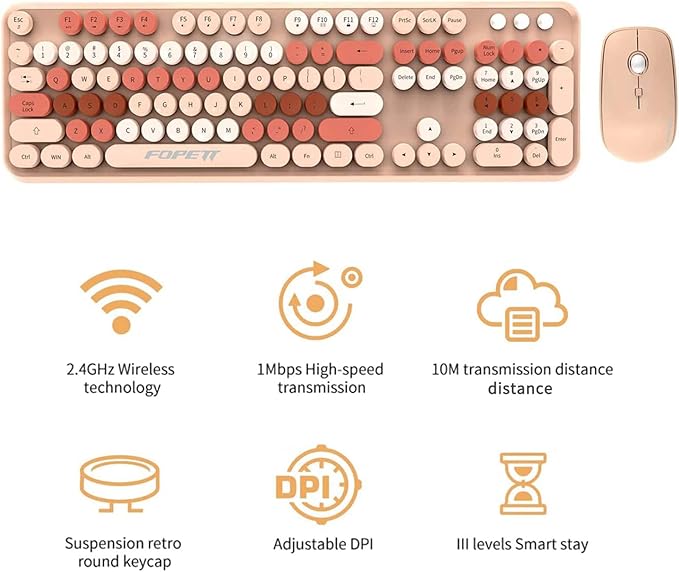 FD Wireless Keyboard and Mouse Combo | Cute Colorful Keyboard and Mouse with 2.4GHz Cordless Retro Typewriter Keyboard | Auto-Sleep | USB Receiver for Windows PC/Laptop - Creamy Colorful-DeskLoop Office