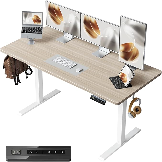FEZIBO One-Piece Standing Desk Adjustable Height Stand up Home Office Desk, 55x24 Inch Electric Standing Computer Desk, with 4 Memory Presets, Fixable casters, Light Walnut-DeskLoop Office