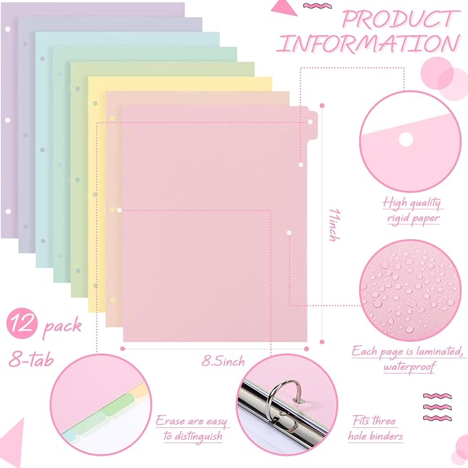 Honoson 12 Sets 8 Tab Dividers for 3 Ring Binders Plastic File 8.5 x 11 Inch - Image 2