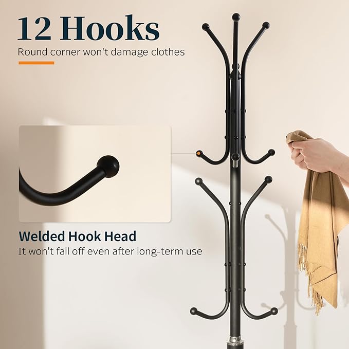 Yoobure Metal Coat Rack Freestanding with Marble Base, Coat Tree with 12 Hooks & Umbrella Holder, Coat Hanger Stand for Corner Entryway Bedroom Office, Heavy Duty Coat Rack Stand for Clothes Hats Bags-DeskLoop Office