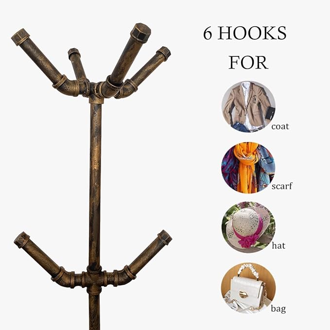 Industrial Coat Rack, Metal Pipe Coat Rack Stand Freestanding with 6 Hooks, Heavy Duty Coat Tree Sturdy Coat Racks for Entryway, Hallway, Bedroom (Vintage gold)-DeskLoop Office