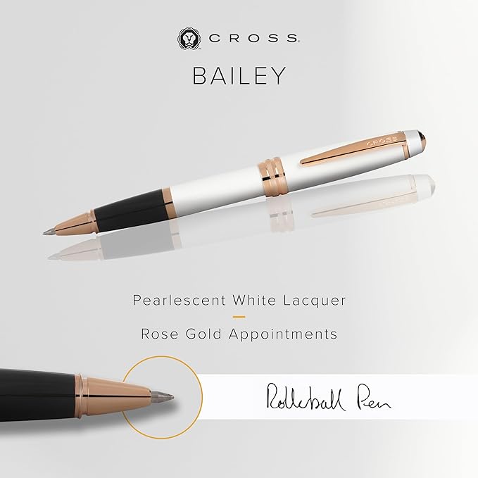 Cross Bailey Refillable Rollerball Pen Presented in a Premium Gift Box - Medium Point, Black Ink, White & Rose Gold-DeskLoop Office