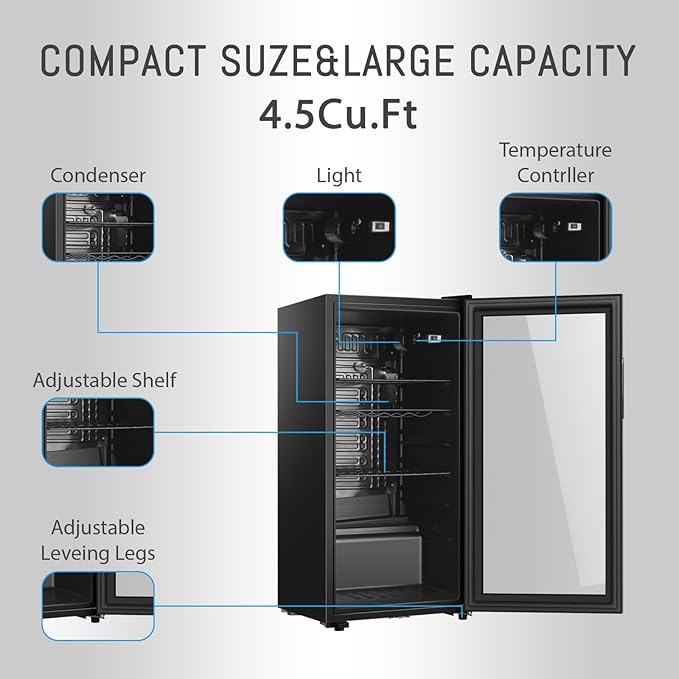 LANG Beverage Refrigerator, 4.5 Cu.Ft, Mini Fridge with Glass Door for Soda Beer, Freestanding Beverage Cooler for Office, Bar, Adjustable Shelving&Adjustable Foot-DeskLoop Office