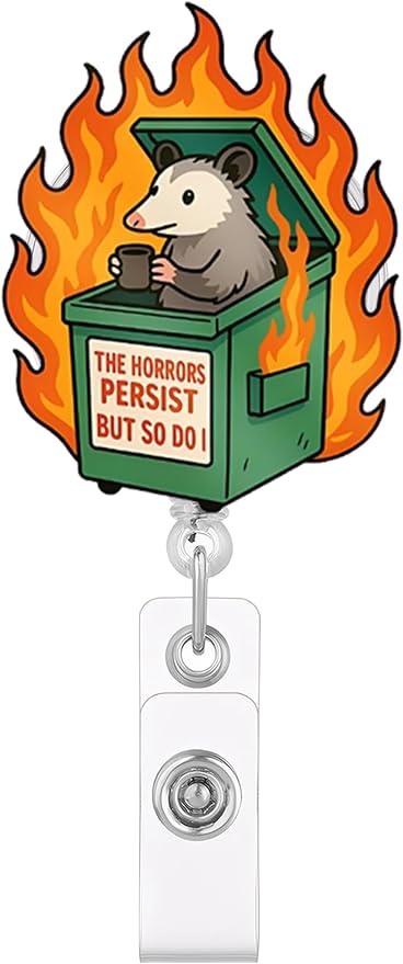 Funny Opossum Dumpster Fire Badge Reel – Retractable ID Card Holder by JAROLYDIAN