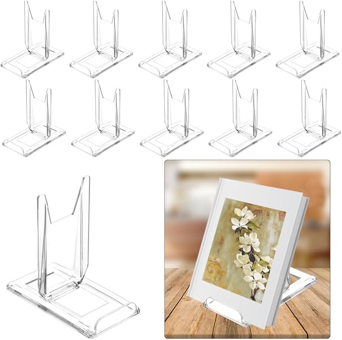 （10 Pack ）Acrylic Book Stand for Display Adjustable Clear Display Holder Easel Collector Stand for Home Office Back to School Comic Album CD Magazine Postcard Artworks (4.2 x 4.3 x 2.35 Inch)-DeskLoop Office