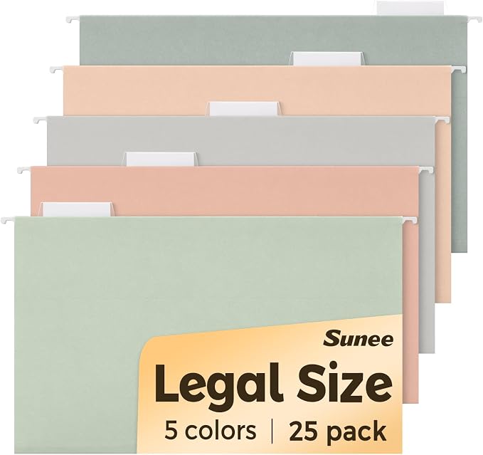 SUNEE Hanging File Folders Legal Size, 25 Pack File Folders 1/5-Cut Tabs by SUNEE