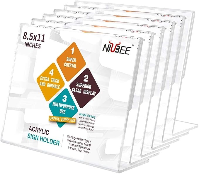 NIUBEE Acrylic Sign Holder 8.5x11 Inches 6 Pack Horizontal, Slant Back Clear by NIUBEE