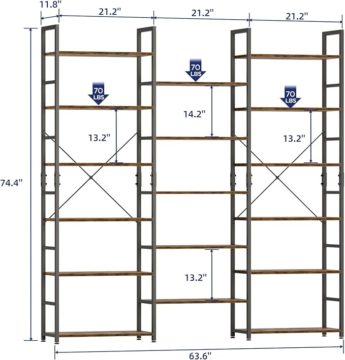NUMENN Triple Wide 6 Tier Bookshelf, Rustic Industrial Style Bookcases and - Image 3