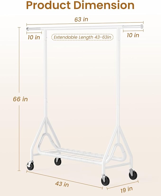 Heavy Duty Clothes Rack, Metal Clothing Rack Load 450 LBS, Rolling Coat Racks for Hanging Clothes with Lockable Wheels, Wardrobe Closet Garment Racks for Bedroom, White-DeskLoop Office