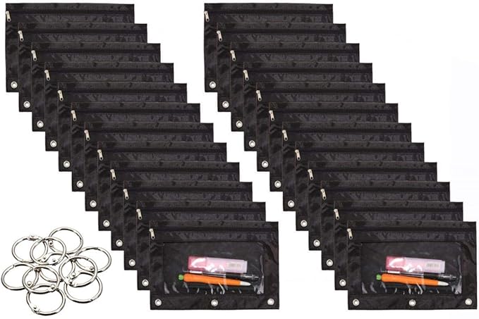 24 Packs 3 Ring Binder Pen Pencil Case Pouch Bulk Set Stationery Bag for School Class Office Black-DeskLoop Office