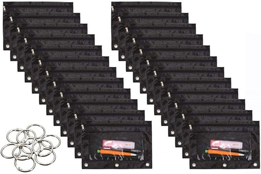 24 Packs 3 Ring Binder Pen Pencil Case Pouch Bulk Set Stationery Bag for School Class Office Black-DeskLoop Office