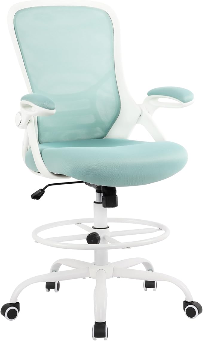 HYLONE Drafting Chair Tiffany Blue, Tall Office Chair Standing Desk Stool with Adjustable Height, Foot Ring, Flip-Up Arms, Mesh High-Back Office Chair, White-DeskLoop Office
