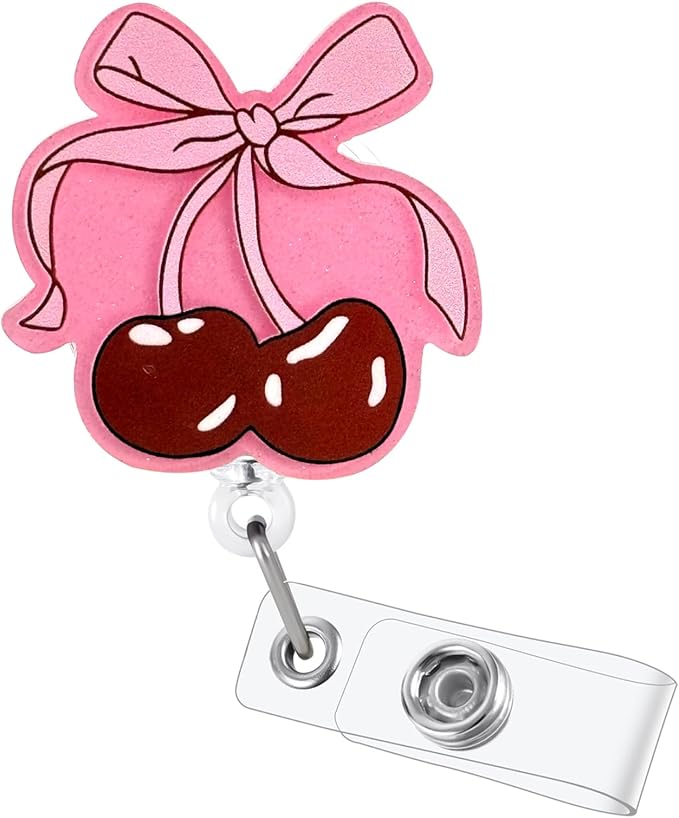 Pink Bow Cherry Badge Reel, Cute Retractable ID Card Badge Holder, Name Tag by BEZTN