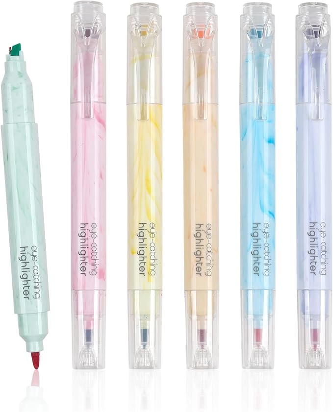 Techjob Aesthetic Highlighters 6 Pack Dual Tips, Double Line Highlighters by Techjob