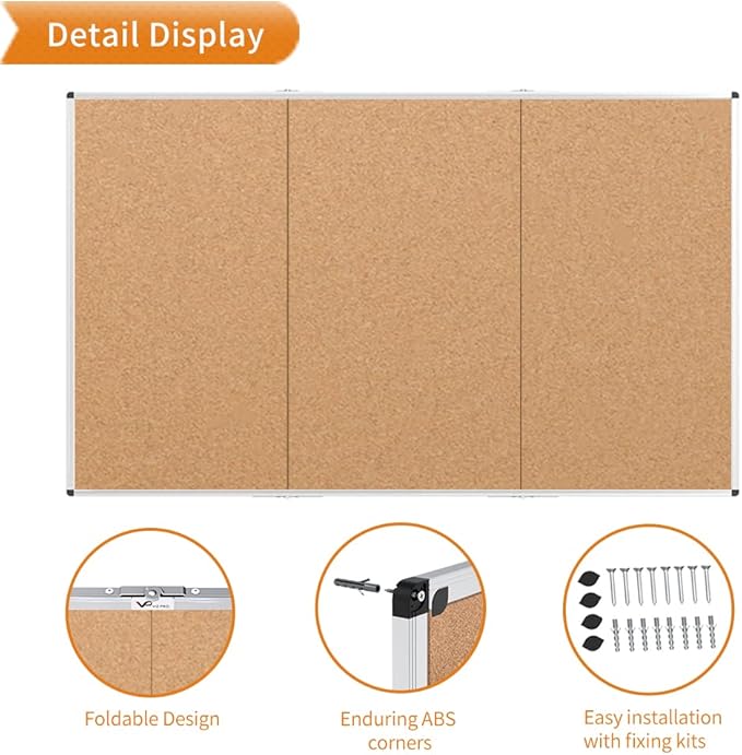 VIZ-PRO 96" x 48" Large Cork Bulletin Board, Foldable & Wall-Mounted Notice Pin Board with Silver Aluminum Frame, for School Home Office - 8' x 4' Corkboard-DeskLoop Office