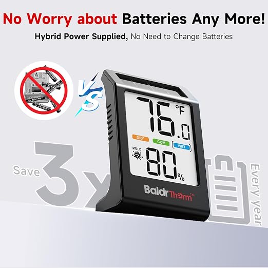 BaldrTherm Room Thermometer Indoor Humidity Meter, Solar-Powered 3.2'' Digital - Image 3