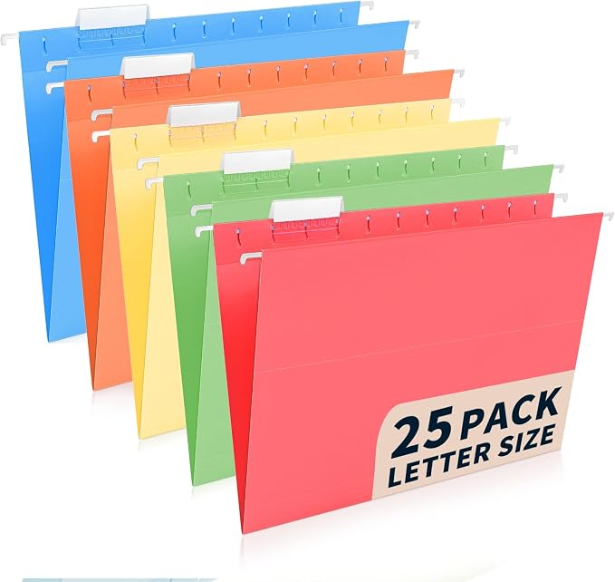 25-Pack Assorted Hanging File Folders, Letter Size by Jowaia