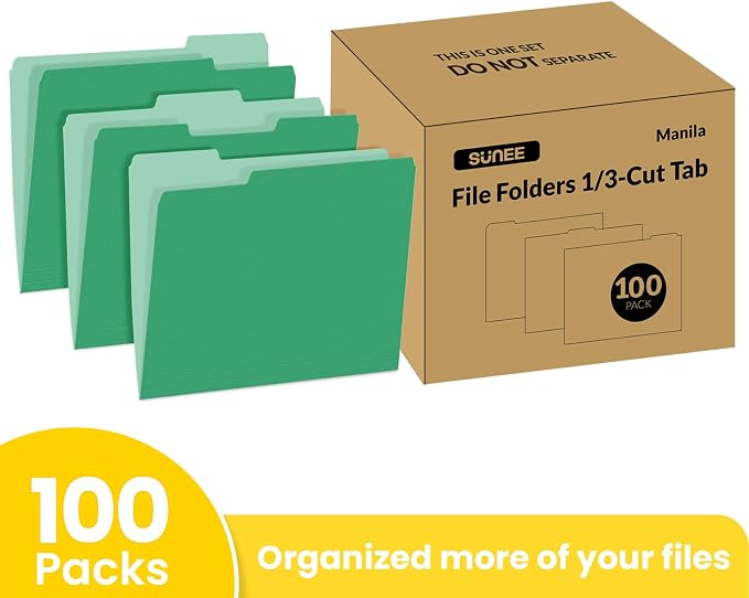 SUNEE File Folders Letter Size Green, 100 Pack Manilla Folders 8.5 x 11 1/3-Cut - Image 2