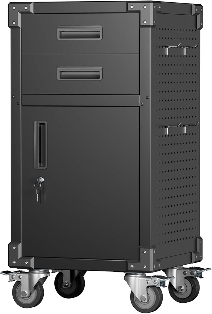 Garage Storage Cabinet, Metal Storage Cabinet with 1 Locking Door and 2 Drawers, Heavy Duty Rolling Workbench Table with Wheels and Pegboards for Garage, Office and Tool Room-DeskLoop Office