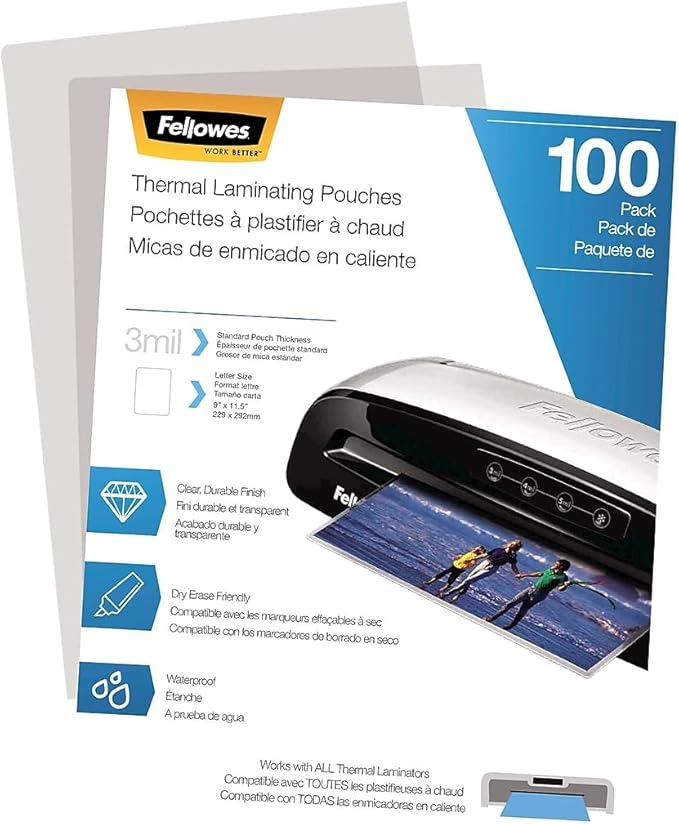 Fellowes Thermal Laminating Pouches/Sheets, Letter Size 9 x 11.5-Inches, 3 mil, 100 Pack (5743301)-DeskLoop Office