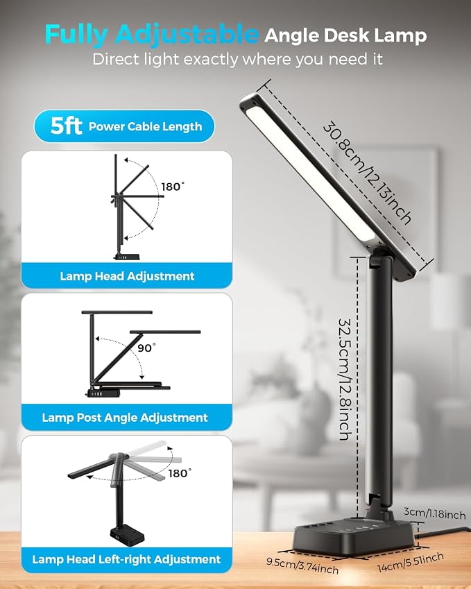 LED Desk Lamp with Power Strip, 3 AC Outlets & 4 USB Ports, Stepless Dimming & - Image 4