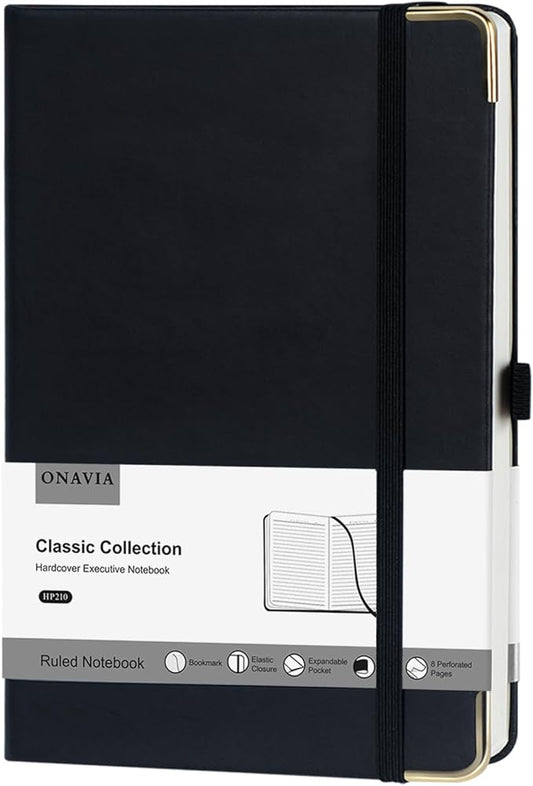 A5 Lined Journal Notebook - 100 GSM Thick Paper, Hardcover Journaling Notebook for Writing, Work, Travel, School, College Ruled Journal for Women and Men, PU Leather Note Book, 5.5”x8.3”- Black-DeskLoop Office