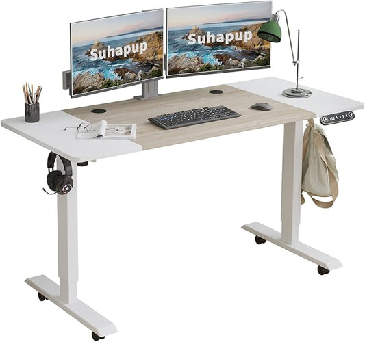 Electric Height Adjustable Standing Desk, 55 x 24 inches Sit - Stand Desk for Work or Home Office Push Button Memory Settings Oak+White Splice Board/White Frame-DeskLoop Office