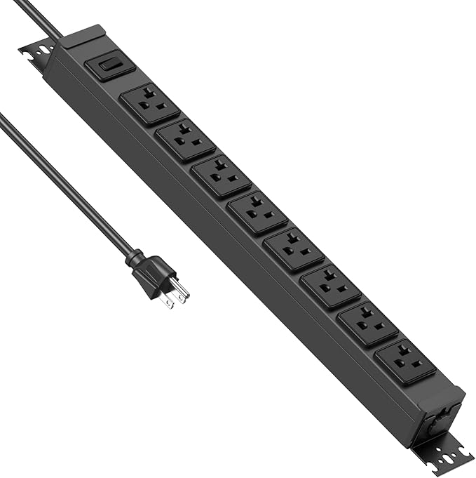 JUNNUJ Heavy Duty Power Strip Wall Mount, 20 Amp Surge Protector 1200J Metal 8 Outlet Under Desk Mounted 20A, Garage Power Table Socket Industrial Outlets 6-20R T-Slot, Black-6FT 12AWG Extension Cord-DeskLoop Office