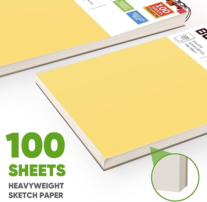 College Graduation Gifts, Halloween Christmas Gifts, Nursing Student Essentials, Teacher Appreciation Gifts, Soucolor 9" x 12" Yellow Sketch Book, 1-Pack 100 Sheets Spiral Bound Drawing Paper-DeskLoop Office