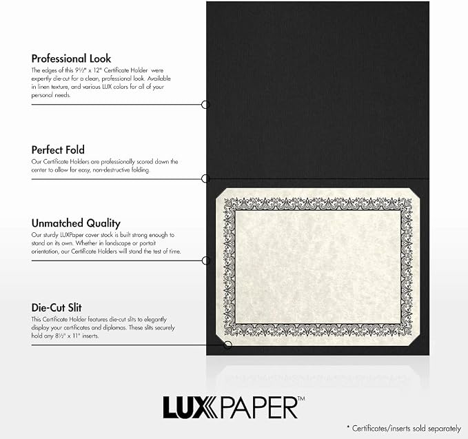 LUXPaper 9.5" x 12" Certificate Holders | Black Linen | 100lb. Cover | 50 Qty - Image 2