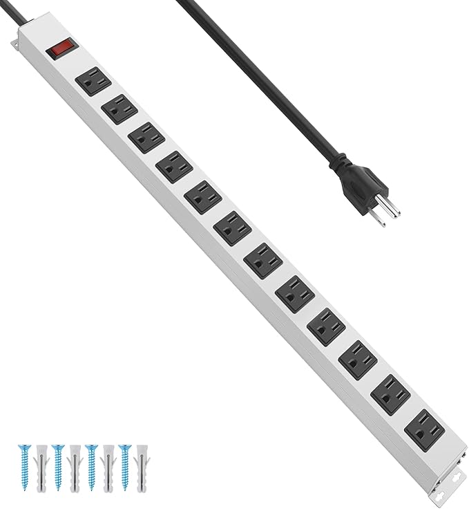 JUNNUJ Metal 12 Outlet Power Strip, Mountable Heavy Duty Power Strip, 1200J Surge Protector Wall Mount Screws Outlet with Switch, Gaming Desk Strips Wide Spaced 15A 125V 1875W, 6 FT 14AWG Power Cord-DeskLoop Office