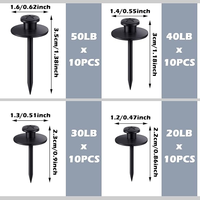 Zhengmy 40 Pcs Double Headed Picture Hangers Nails 4 Size Long Thumb Tacks Wall Nails for Hanging Pictures Decorative Push Pins Hooks for Drywall Photo Office Home Decor, 20/30/ 40/ 50lb(Black)-DeskLoop Office