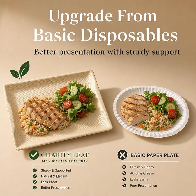 Charity Leaf Disposable Palm Leaf 14" x 10" Trays Bamboo Like Serving Platters - Image 4