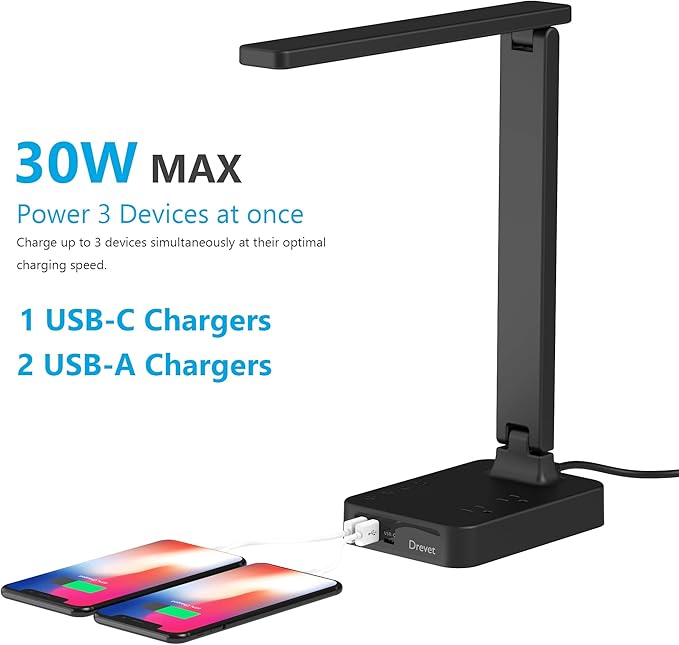Drevet LED Desk lamp with USB C Charging Port, Table Light with 3 USB Charger - Image 4