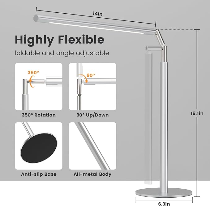 Metal Desk Lamp for Home Office - Foldable LED Table Lamp for Reading, 4 Color & 6 Brightness, 15W Dimmable Desk Light with Flexible Arm, Eye-Caring Desktop Lamp for College Dorm, Silver-DeskLoop Office