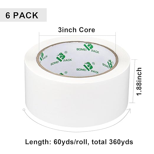 BOMEI PACK White Packing Tape with Dispenser, 2.4 Mil 1.88 Inch x 60 Yards, 6 Refills Rolls White Tape for Box Moving, Shipping and Packaging-DeskLoop Office