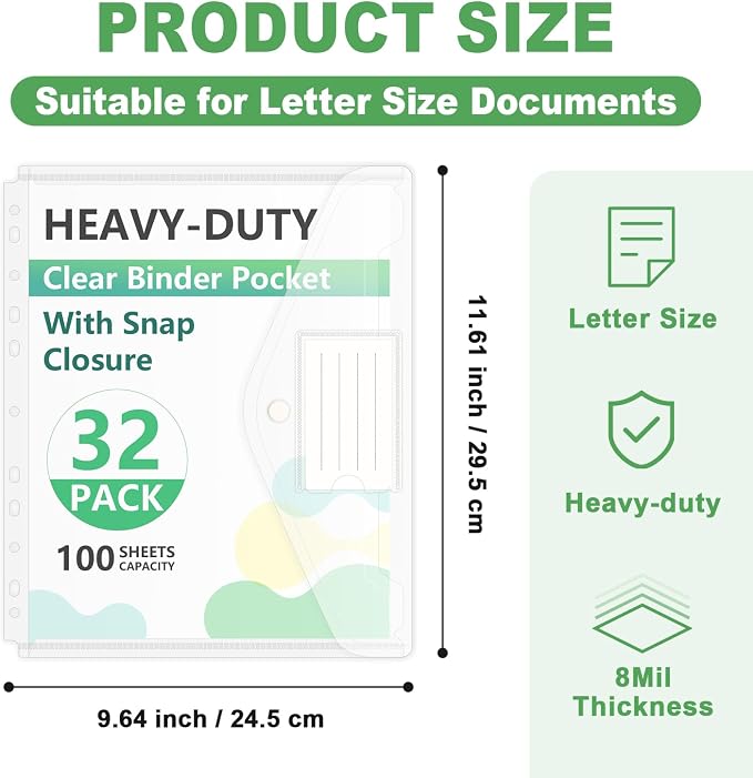 HOUYEE 32 Pack Clear Binder Pocket, 11 Holes Heavy-Duty Plastic Binder Pouch - Image 2