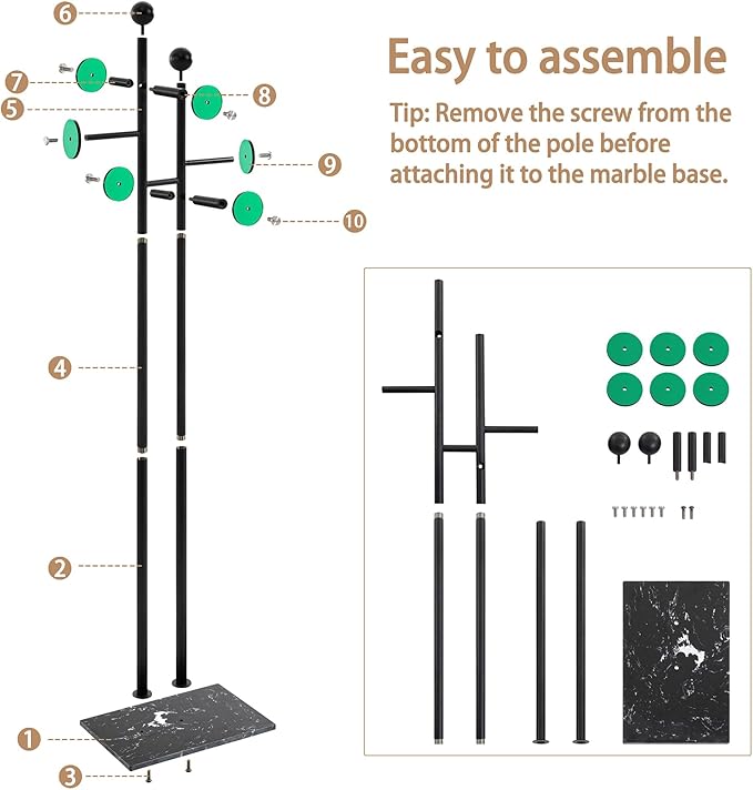 Free Standing Coat Rack with Marble Base & 8 Hooks Heavy Duty Clothes Rack for Entryway Bedroom Living Room Hotel 14.96 x 10.24 x 68.9 Inches (Black)-DeskLoop Office