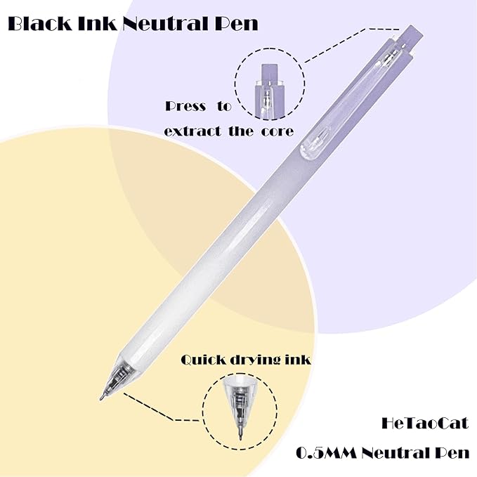 HeTaoCat Retractable Gel Pens, 0.5mm Fine Point, Quick Drying, Writing Drawing, Black ink gel pens, Box of 6 Pens (Black)-DeskLoop Office