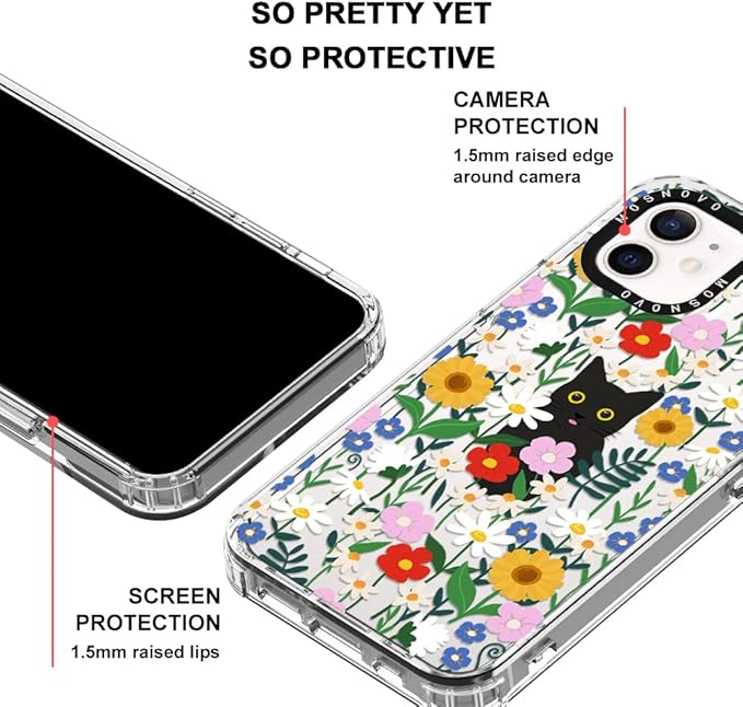 MOSNOVO Case for iPhone 12 & iPhone 12 Pro, [Buffertech 6.6ft Military-Grade Drop Protection] [Anti Peel Off Tech] Clear TPU Bumper Phone Case Cover Design - Black Cat in Garden-DeskLoop Office