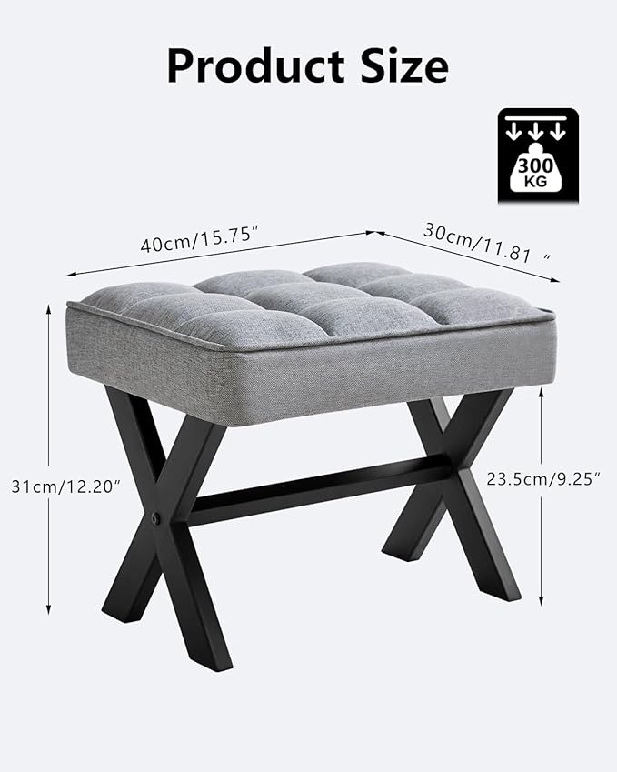 IBUYKE Small 12" H Footrest Stool, Square Linen Foot Stool with Metal X-Leg, Multi-Use as Small Side Table, Step Stool for Living Room, Bedroom, Entryway, Office, Blue Gray WBD011L-DeskLoop Office