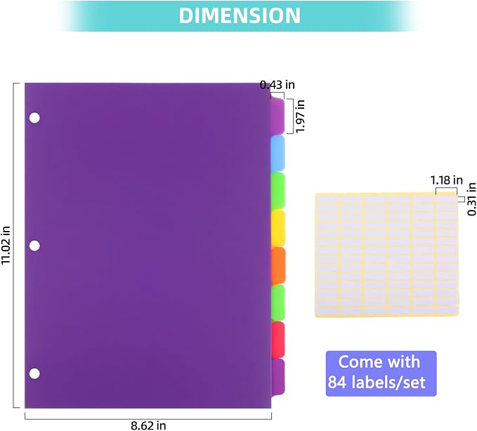 Binder Dividers for 3 Ring Binder, 8 Tab Set, Durable Plastic Tabs - Image 2