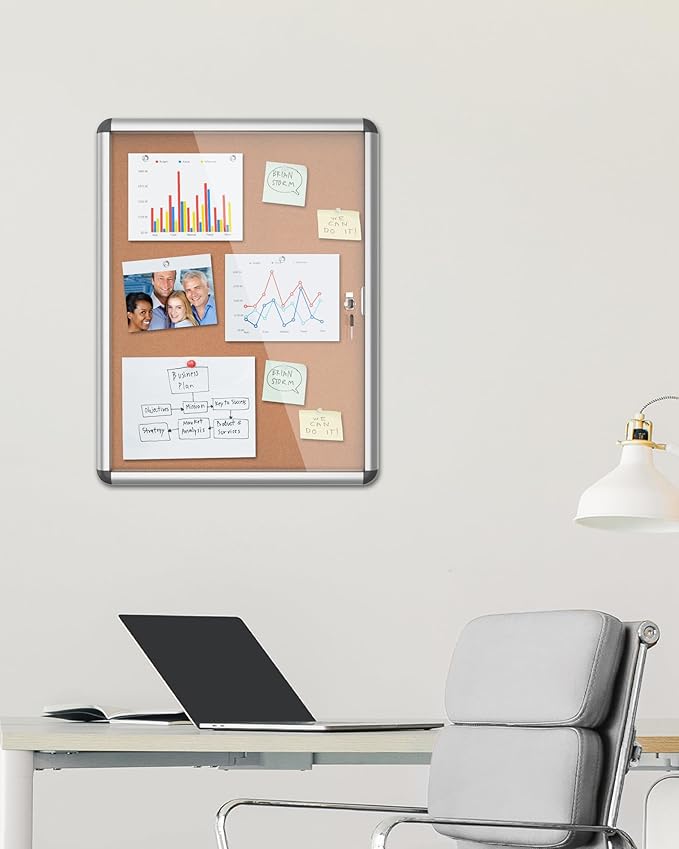26"x20" Enclosed Bulletin Board, Lockable Weather-Resistant Aluminum Cork Noticeboard for School & Office, Silver Frame w/Cork-DeskLoop Office